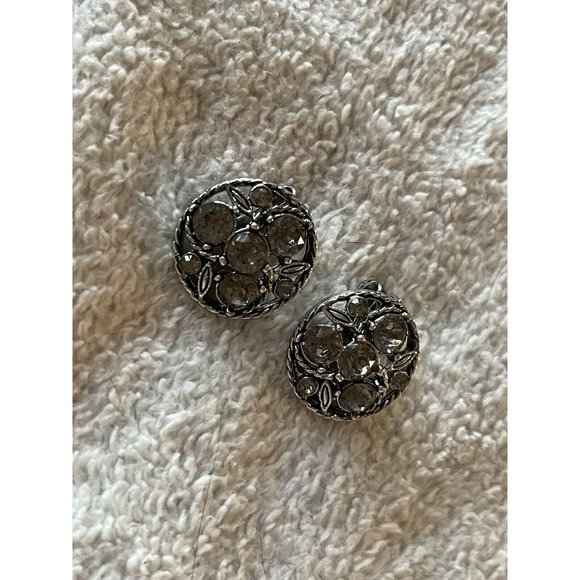 Vintage‎ Rhinestone Earrings Clear Prong Set Round Clip On Silver Tone 1" - Picture 3 of 6
